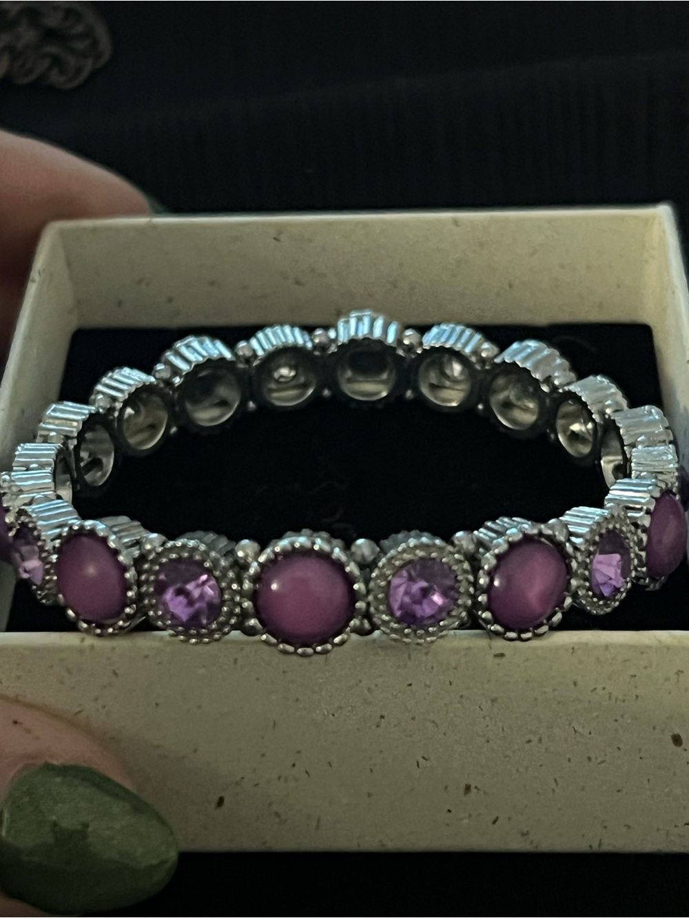 Purple Rhinestone Cabochon Stretch Bracelet Silver Tone Statement Jewelry